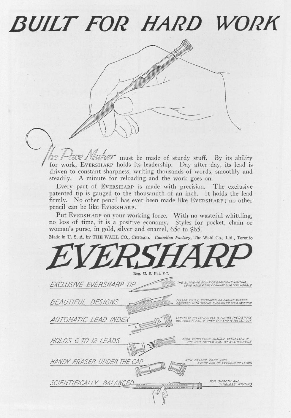 Một tờ quảng cáo cho cây bút chì máy Eversharp sản xuất bởi The Wahl Company ở Chicago.